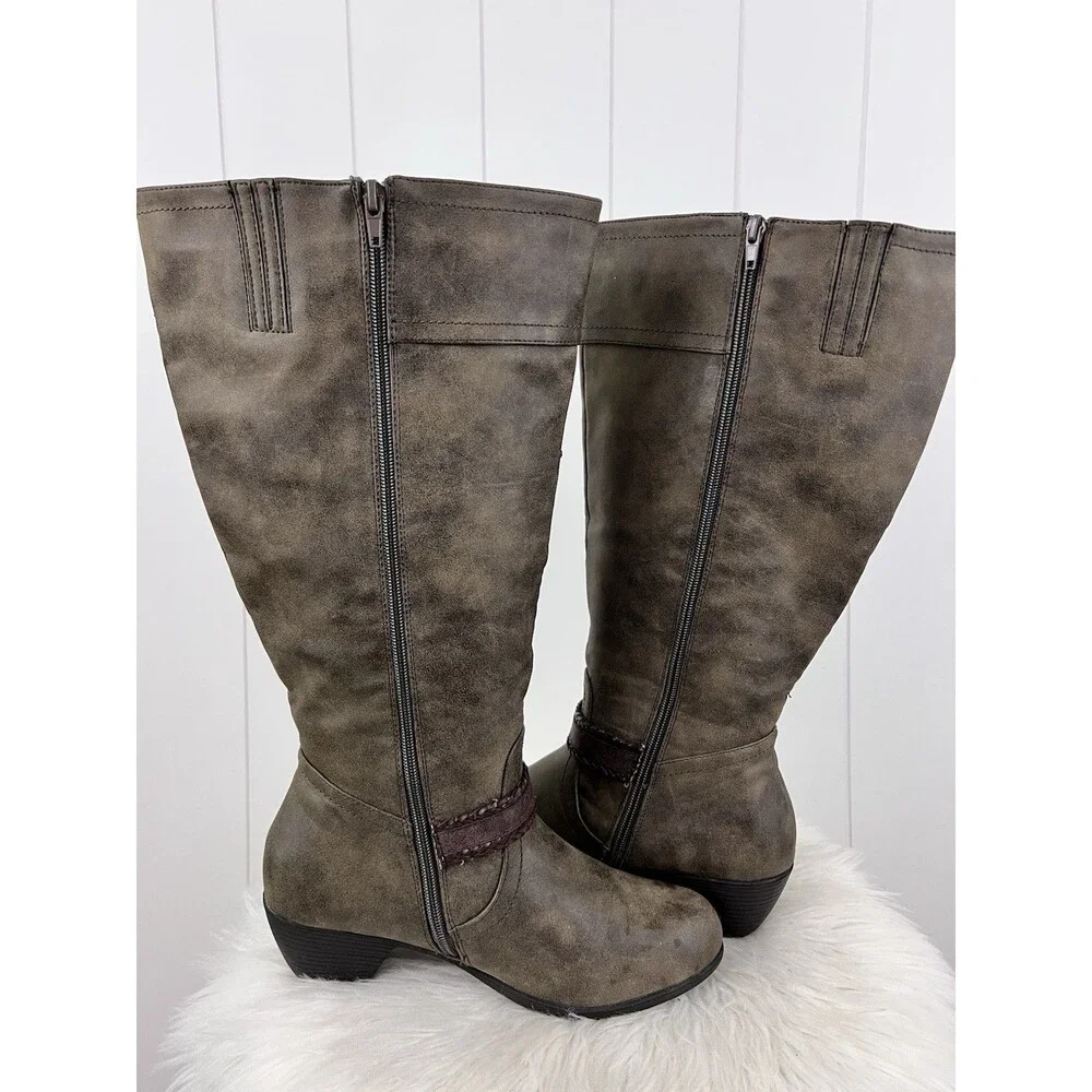 It's OK Tempest Distressed Brown Vegan Leather Tall Riding Boots Wide Calf 8.5W